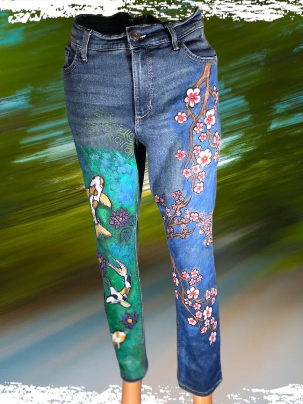 Hand-Painted Custom Jeans – Koi Water Scene & Cherry Blossoms